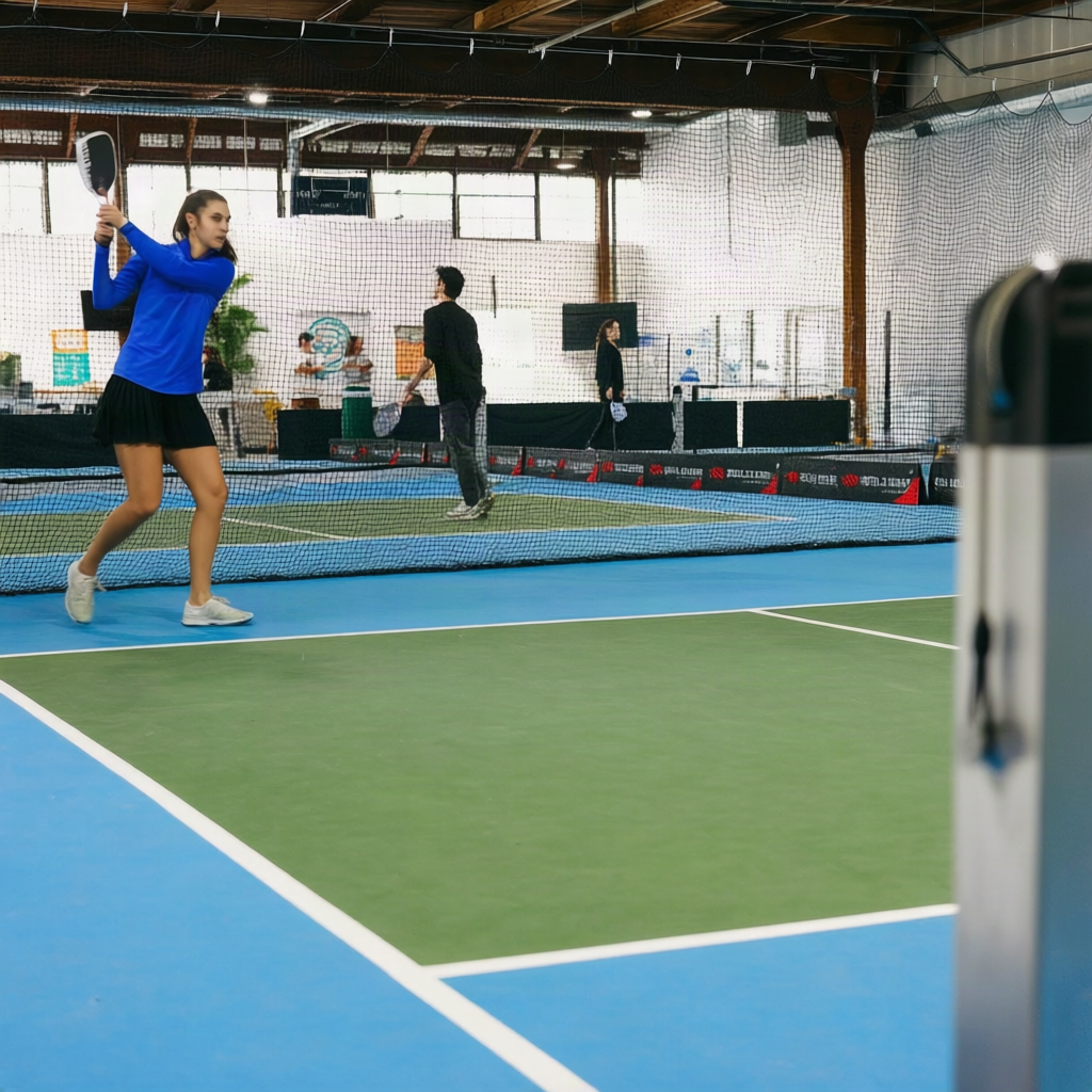 DUPR rating assessment on an indoor pickleball court with the Volley trainer