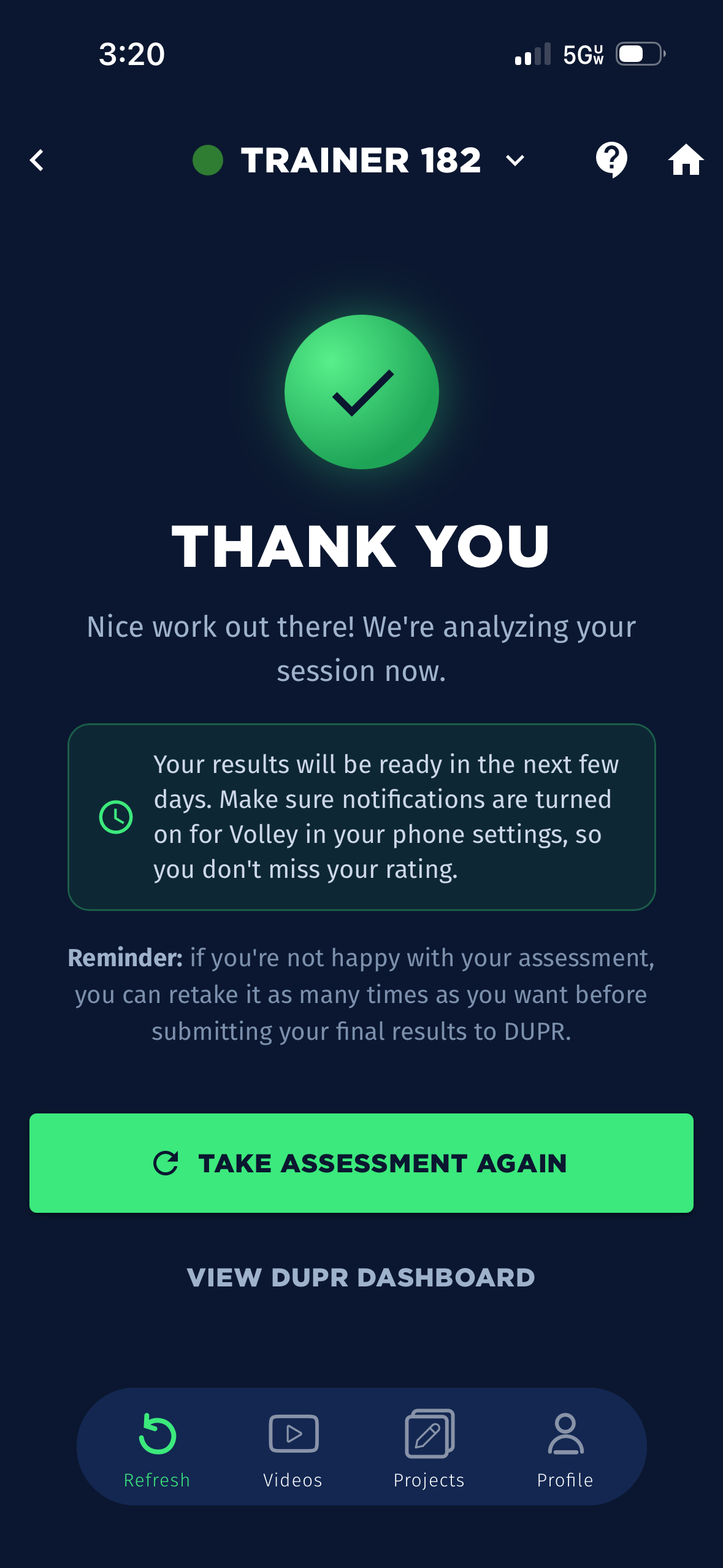 Volley app screen: DUPR rating assessment complete, results being analyzed