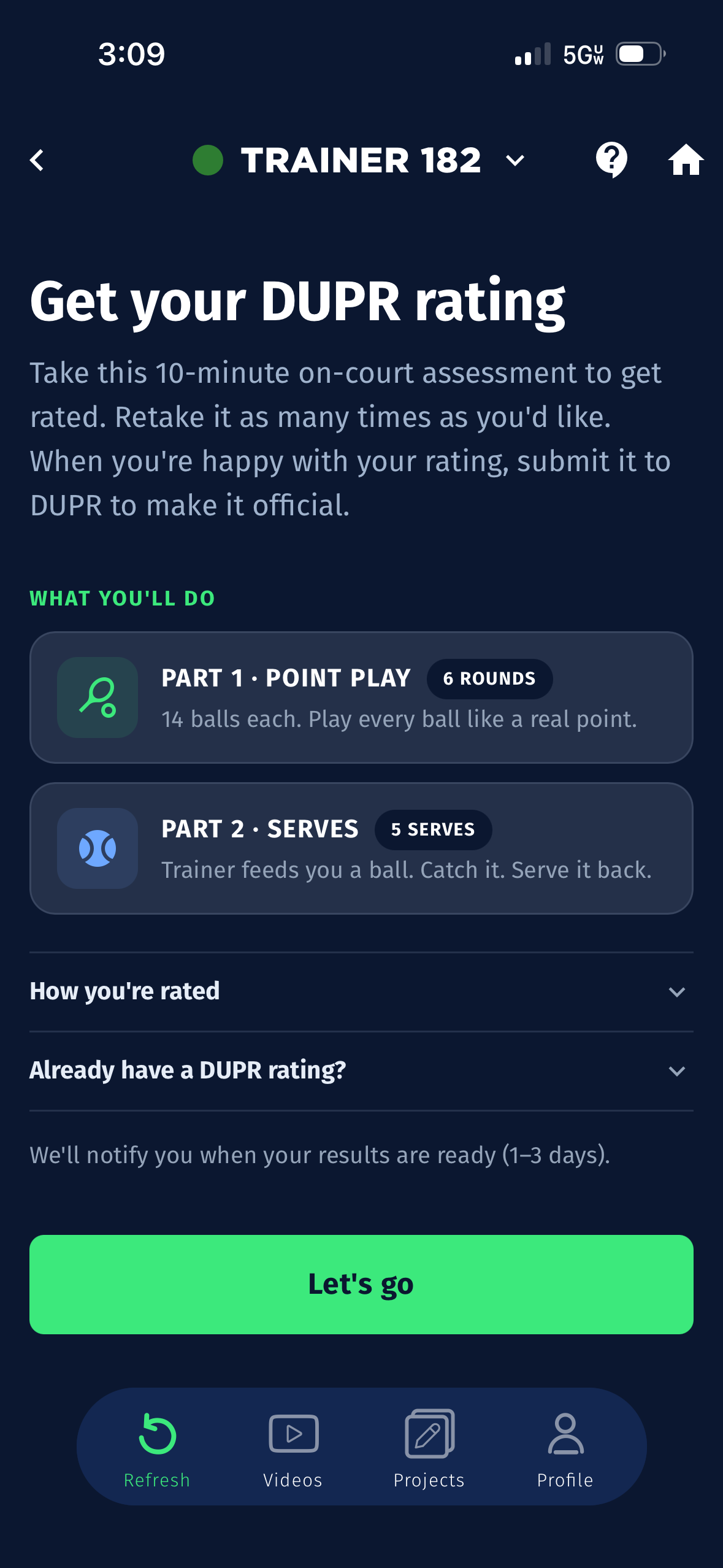 Volley app screen: get your DUPR rating on the Volley trainer