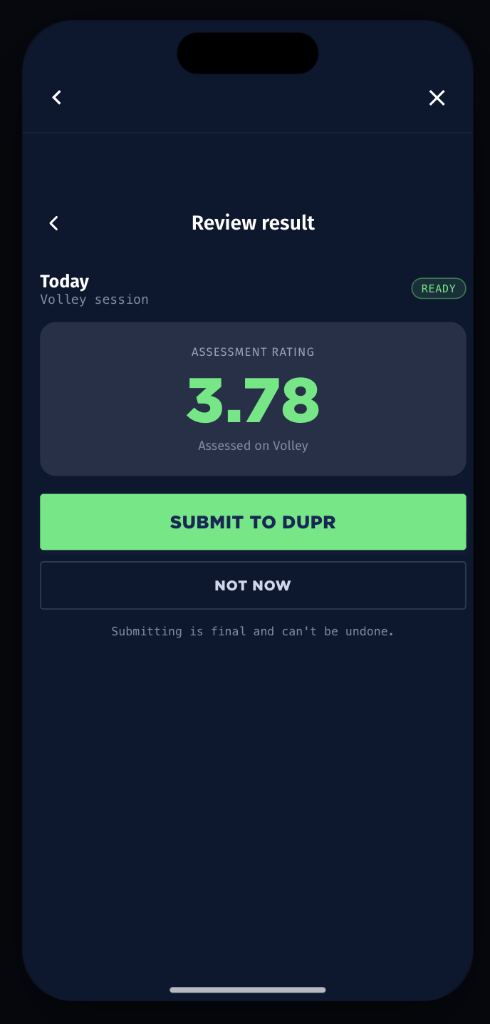 Volley app screen: review and submit your Volley DUPR rating to DUPR